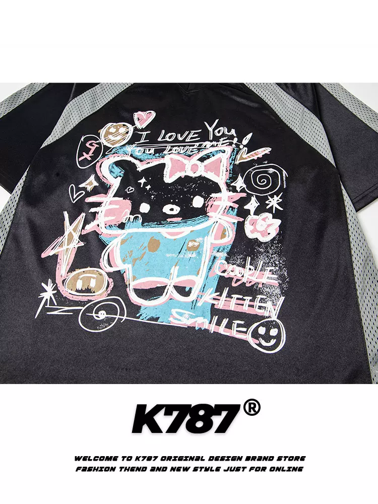 K787 Áo thun phong cách đường phố Mỹ hình mèo kitty graffiti nửa tay unisex phong cách châu Á nhẹ nhàng thoáng khí áo thun ngắn tay