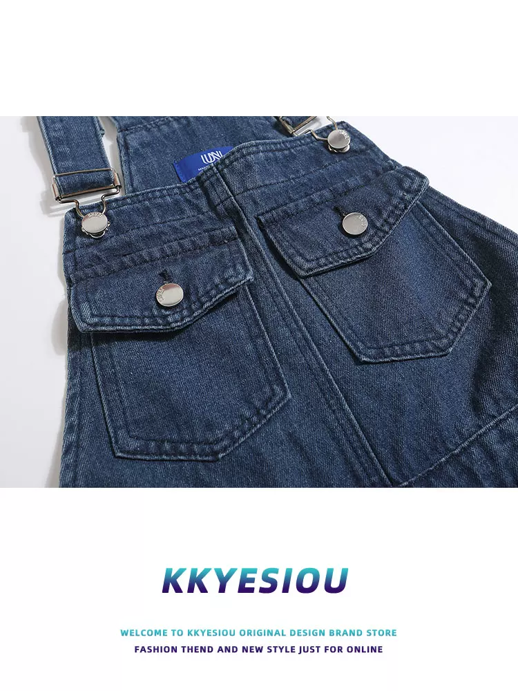 Quần yếm denim thêu hình chó phong cách retro Mỹ, unisex, đa năng, kiểu dáng học sinh, thương hiệu KKyesiou