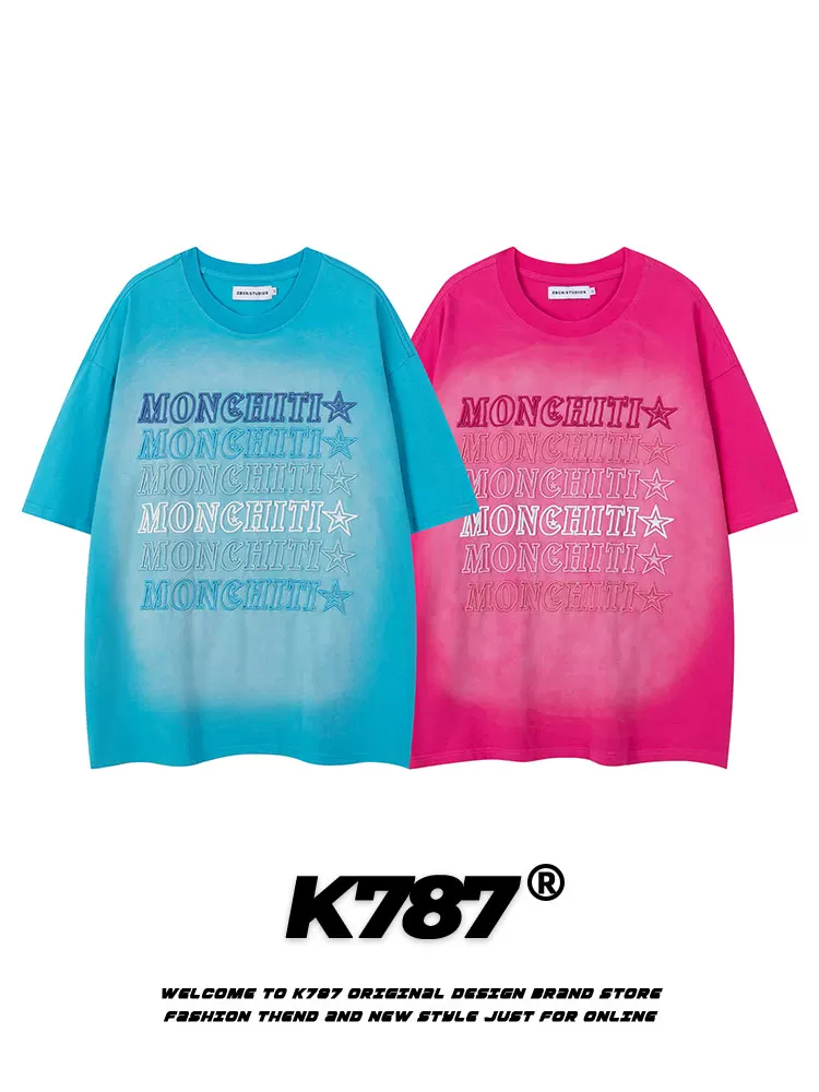 K787 Áo thun ngắn tay thêu chữ theo xu hướng quốc gia cổ điển của Mỹ dành cho nam và nữ hip-hop phun sơn gradient áo đôi
