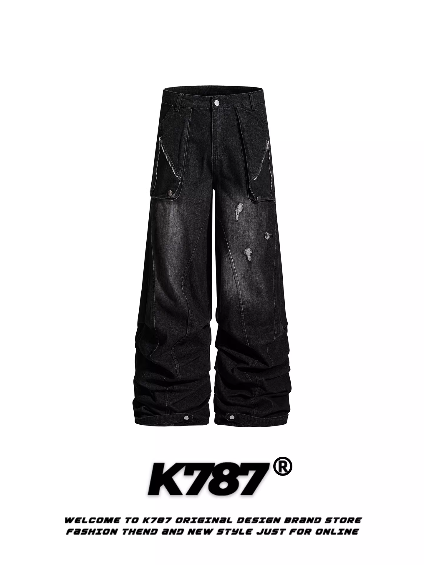 Quần jeans unisex kiểu đường phố Mỹ K787, rách, cắt xén, dáng rộng, ống rộng, đường may lộ, thời trang.