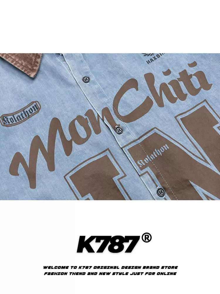 K787 Áo sơ mi denim ngắn tay in chữ cổ điển kiểu Mỹ dành cho nam và nữ áo kiểu dáng rộng cổ điển dành cho cặp đôi