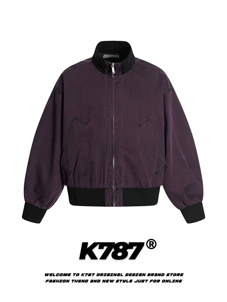 Áo khoác ngắn kiểu đường phố Mỹ K787, chất liệu vintage đã qua xử lý, unisex, dáng ôm, cổ đứng, phong cách biker, áo đôi mùa thu