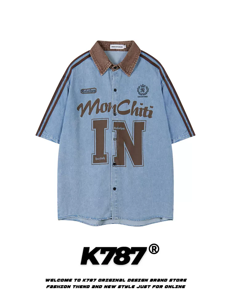 K787 Áo sơ mi denim ngắn tay in chữ cổ điển kiểu Mỹ dành cho nam và nữ áo kiểu dáng rộng cổ điển dành cho cặp đôi