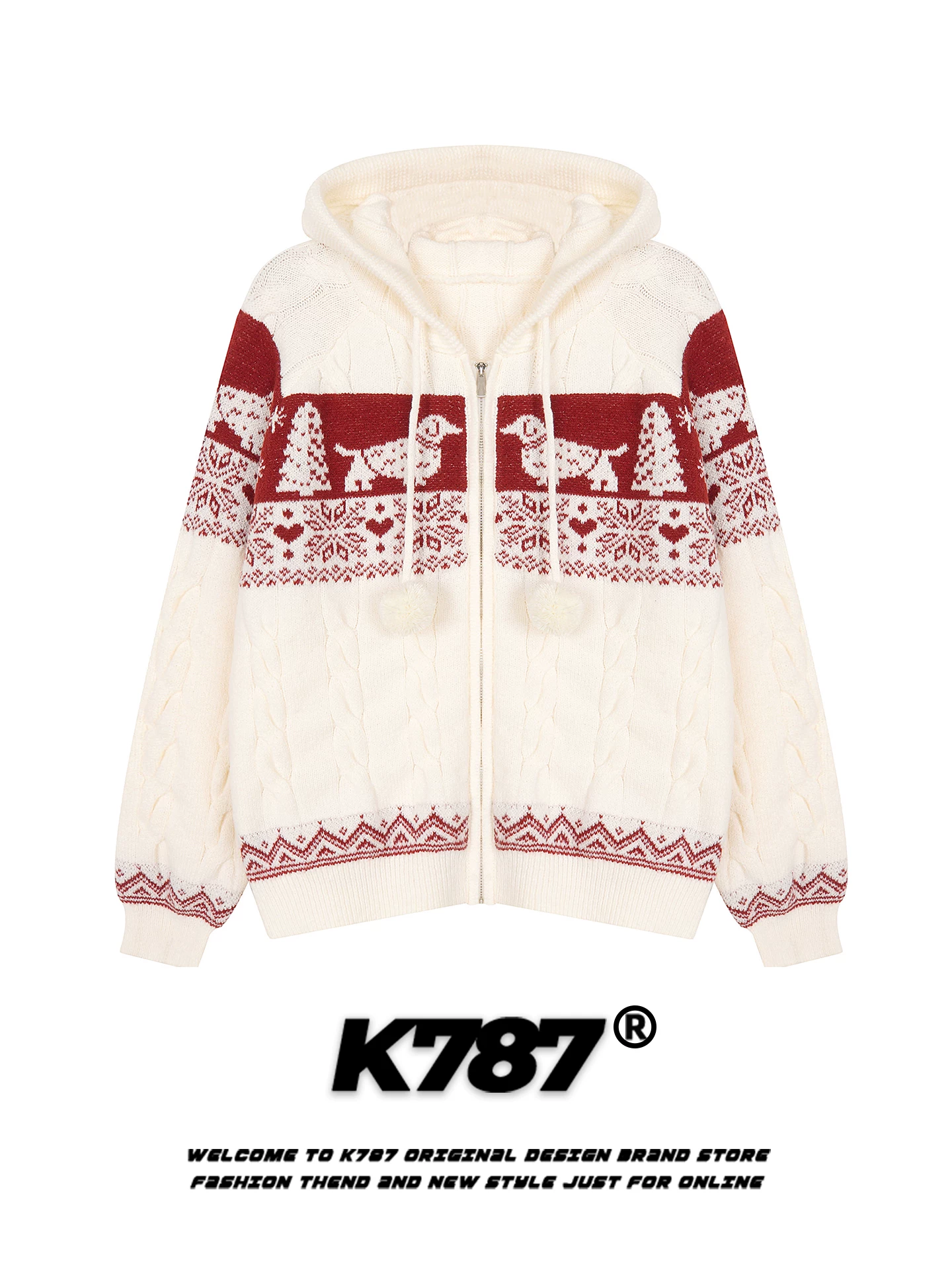 Áo len cardigan có mũ trùm đầu kiểu Mỹ cổ điển K787, họa tiết Fair Isle, dành cho nam và nữ, áo khoác dệt kim giữ ấm mùa thu đông cho cặp đôi