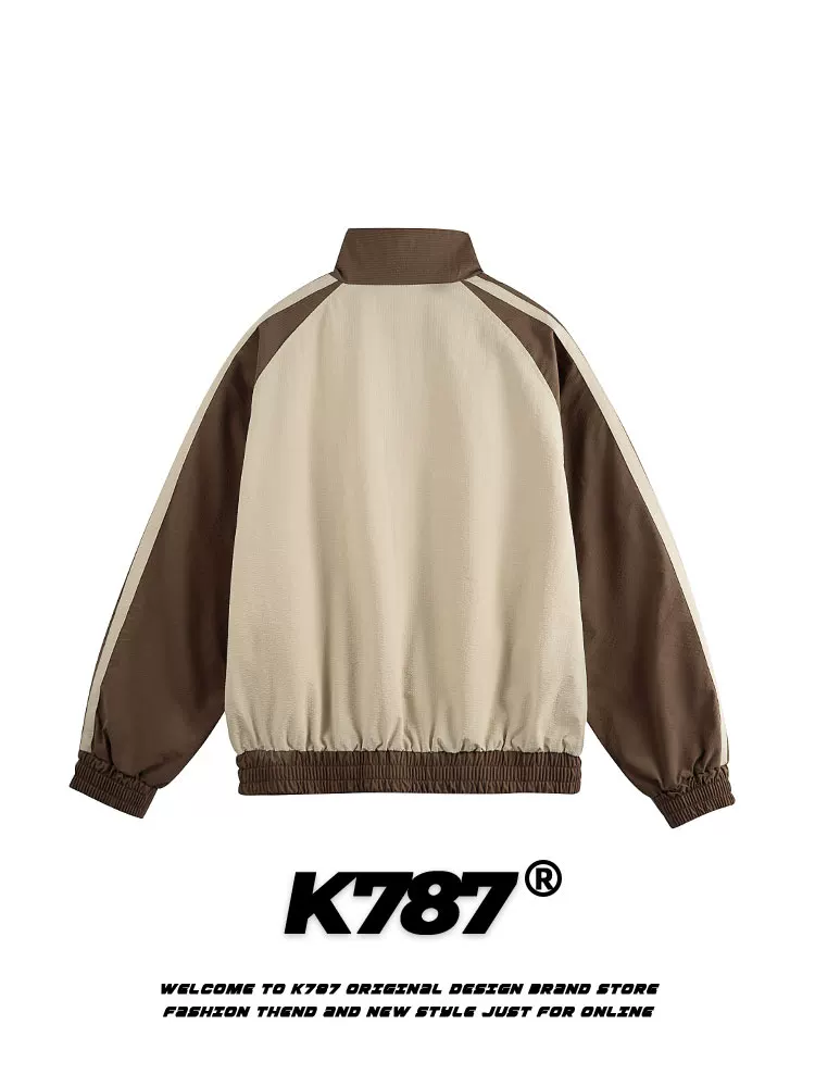 Áo khoác cổ đứng thêu phối màu sọc kiểu Mỹ cổ điển K787, unisex, thời trang, dáng rộng, thể thao, thường ngày, dành cho cặp đôi