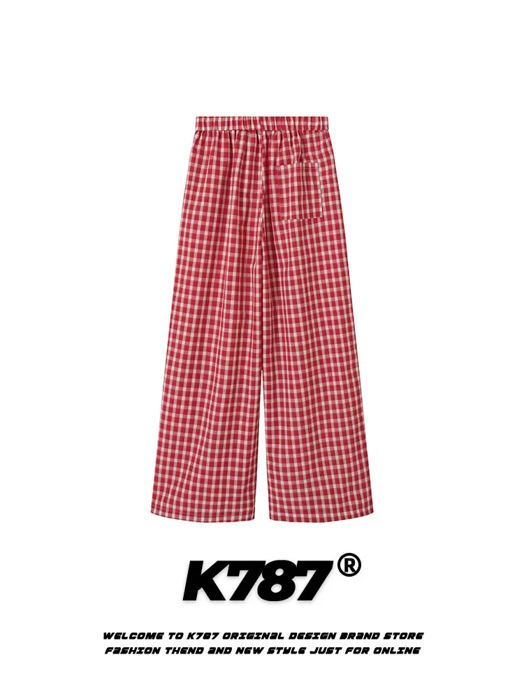 Quần âu kiểu Mỹ K787 kẻ caro năng động, unisex, đa năng, thể thao, hip-hop, cài nút, cạp cao, màu đỏ, dáng thẳng