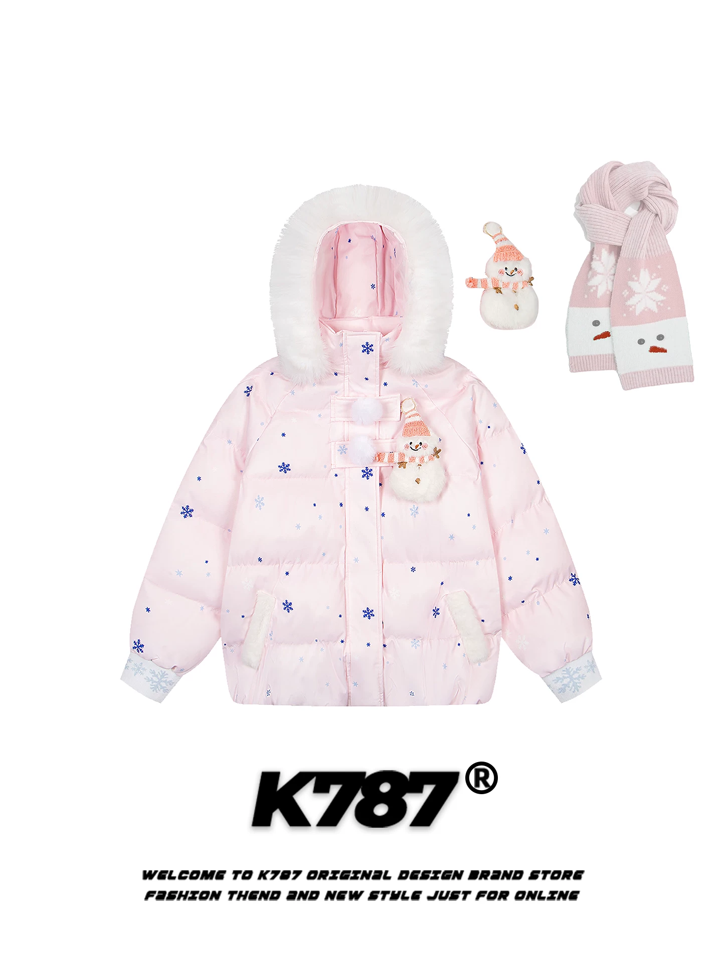 Áo khoác cotton dày giữ ấm mùa đông kiểu Mỹ K787, in họa tiết bông tuyết toàn thân, có mũ trùm đầu và cổ lông, kiểu dáng người tuyết.