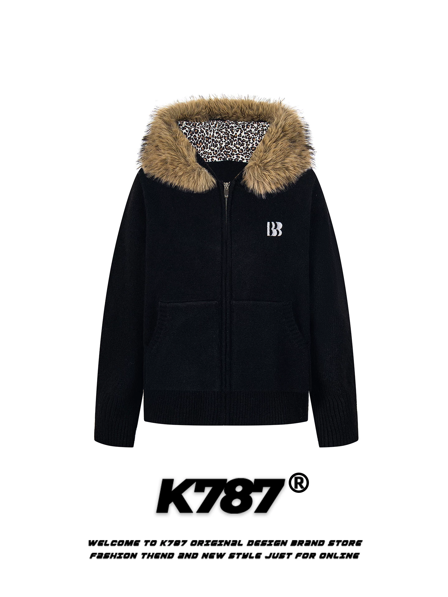 Áo khoác cardigan len dệt kim họa tiết báo cổ lông phong cách retro Mỹ K787 dành cho nam và nữ, giữ ấm mùa đông, phong cách giản dị, thoải mái.