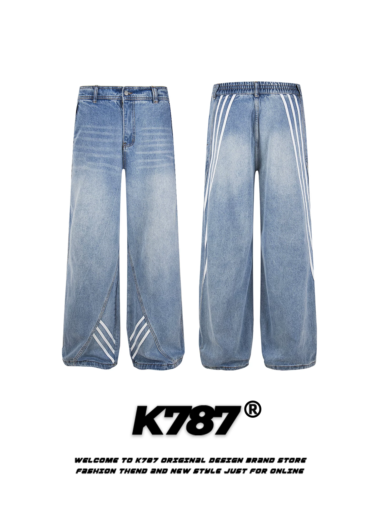 Quần jeans unisex K787 kiểu Mỹ cổ điển, xước, phối vải, kiểu dáng rộng, dài chấm đất, chất liệu vải dù sọc, phong cách casual.