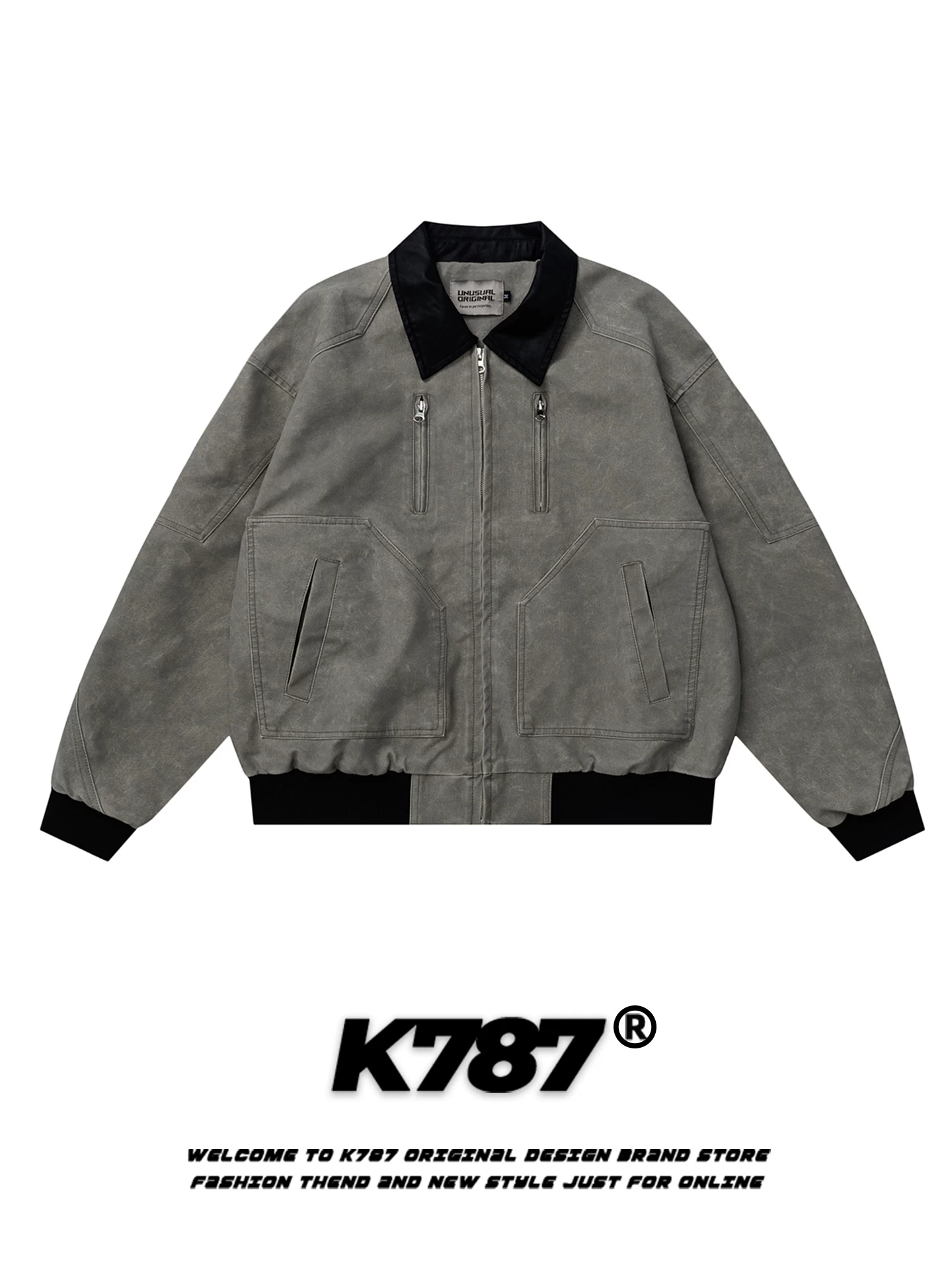 Áo khoác bomber ngắn dáng rộng nhiều túi phối màu phong cách retro Mỹ K787 unisex thời trang thương hiệu cao cấp có khóa kéo