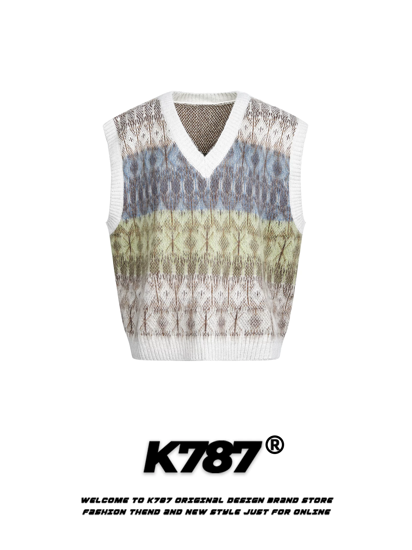 K787 Áo len cổ chữ V màu khối màu theo phong cách retro của Mỹ unisex dáng rộng theo xu hướng quốc gia áo vest dệt kim không tay xếp lớp dành cho cặp đôi