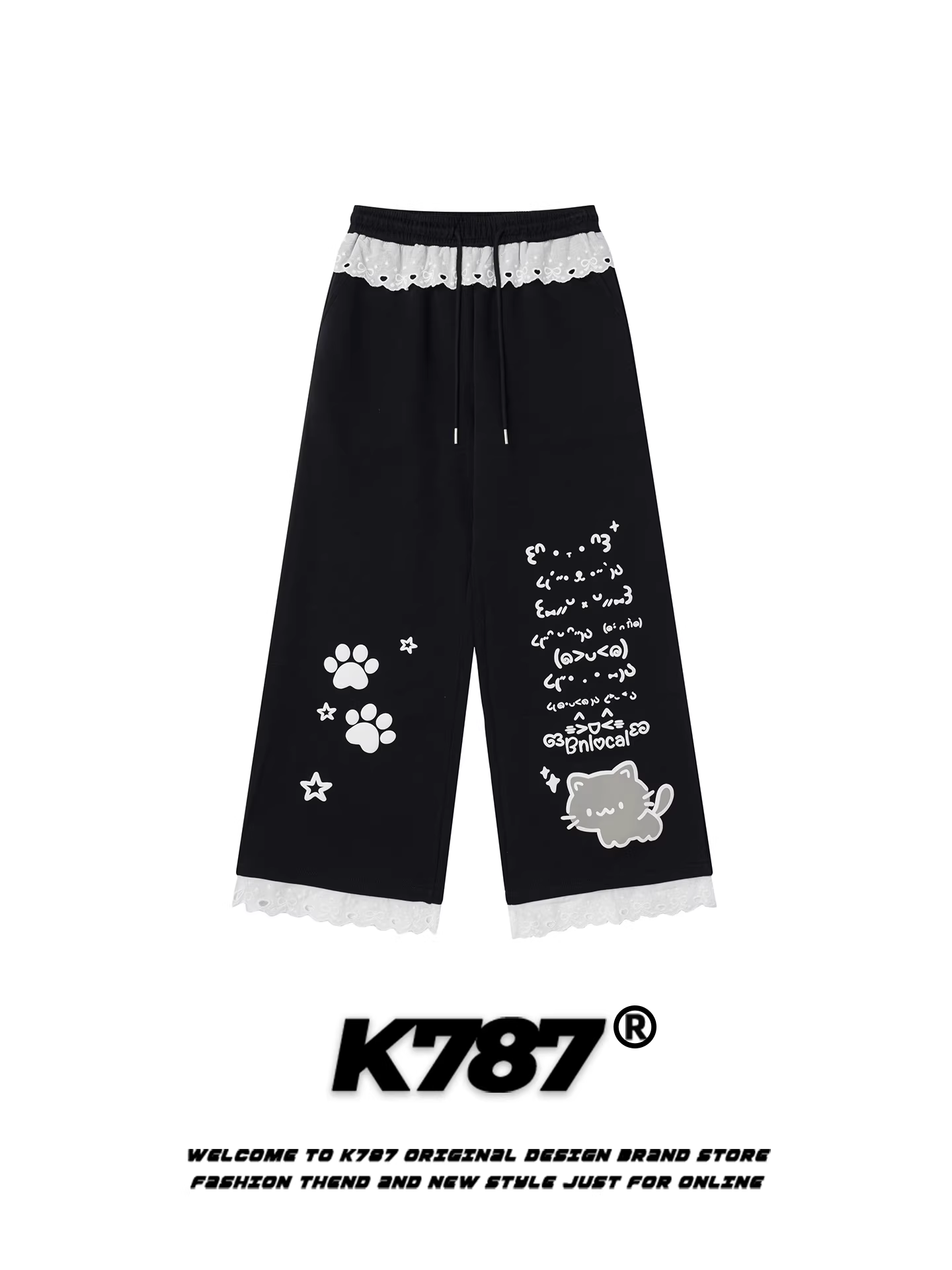 K787 Quần kiểu Nhật dễ thương hình mèo hoạt hình phối ren quần âu unisex lưng cao đa năng dáng rộng phối màu quần ống thẳng