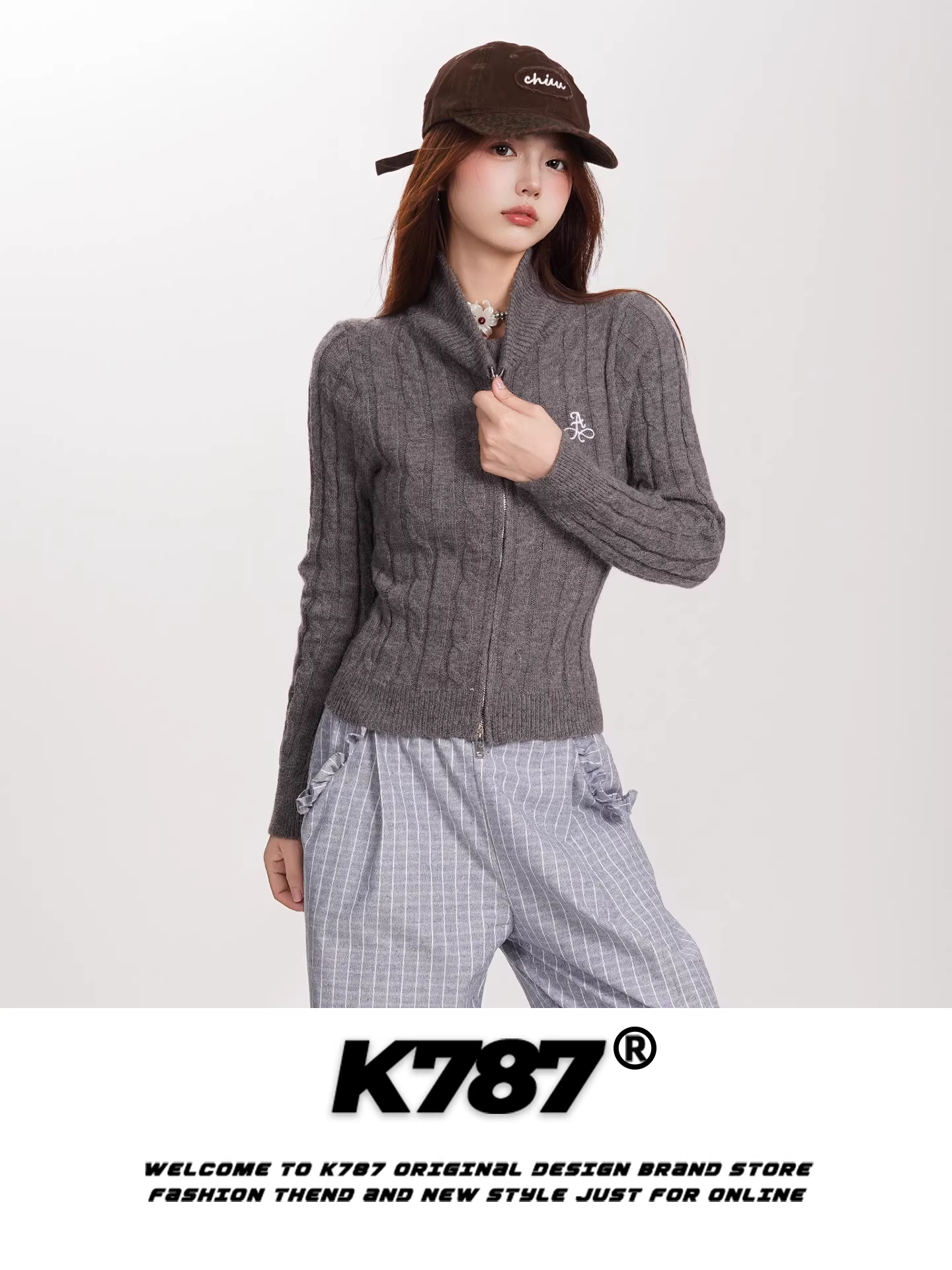 Áo len cardigan cổ đứng kiểu Mỹ cổ điển K787 dành cho nữ, kiểu dáng regular shoulder, ôm dáng, phong cách thường ngày, tôn dáng, áo len ngắn