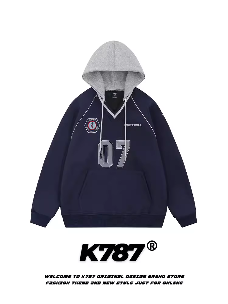 Áo nỉ có mũ cổ chữ V phong cách đường phố cổ điển Mỹ K787 dành cho nam và nữ, dáng rộng, kiểu dáng rộng, phong cách đại học, áo khoác cặp đôi.