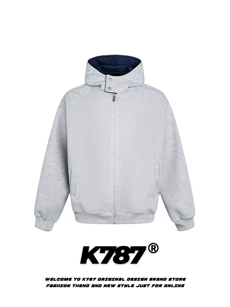 Áo khoác có mũ trùm đầu màu trơn phong cách retro Mỹ K787 dành cho nam và nữ, áo khoác cardigan dáng rộng đa năng hợp thời trang