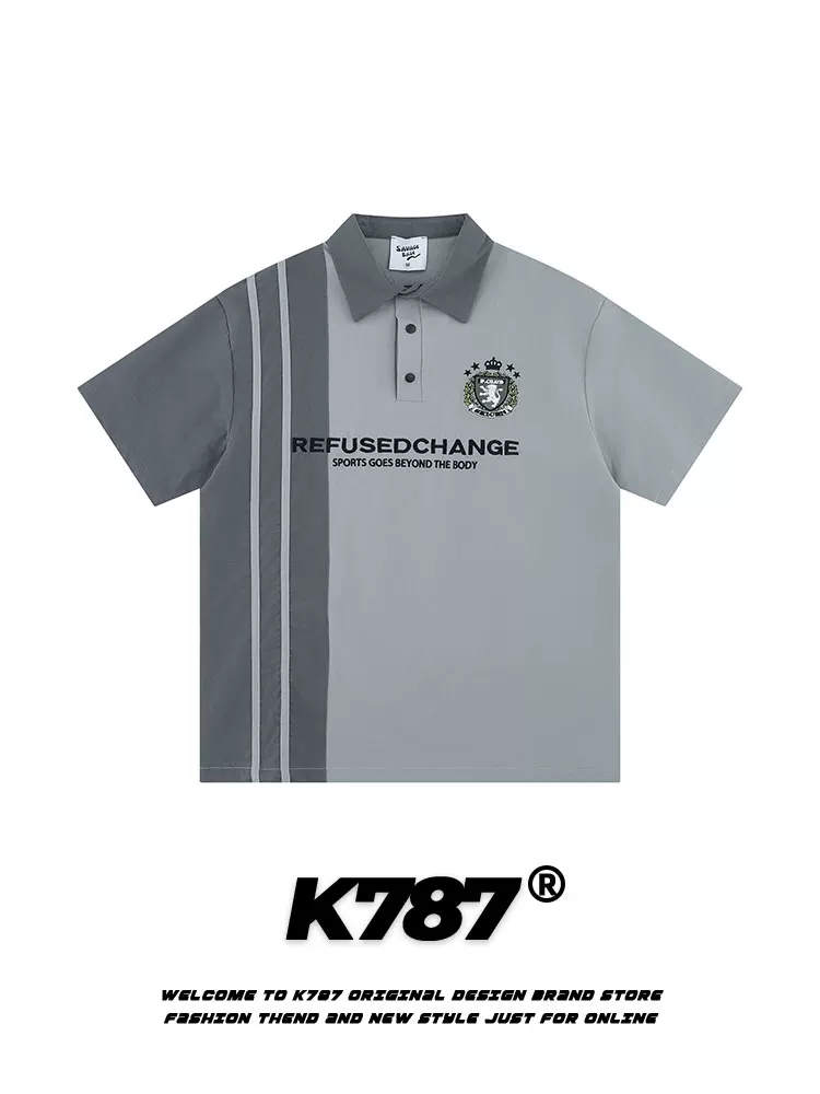 Áo sơ mi POLO phối sọc phong cách đường phố cổ điển Mỹ K787 dành cho nam và nữ, dáng rộng, cổ bẻ, áo thun ngắn tay phong cách đường phố.
