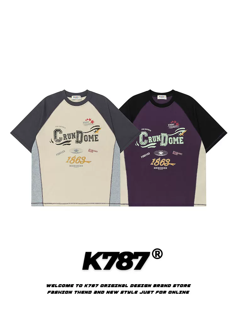 K787 Áo thun ngắn tay kiểu raglan cổ điển kiểu Mỹ dành cho nam và nữ, áo nửa tay họa tiết chữ graffiti phối màu dành cho cặp đôi