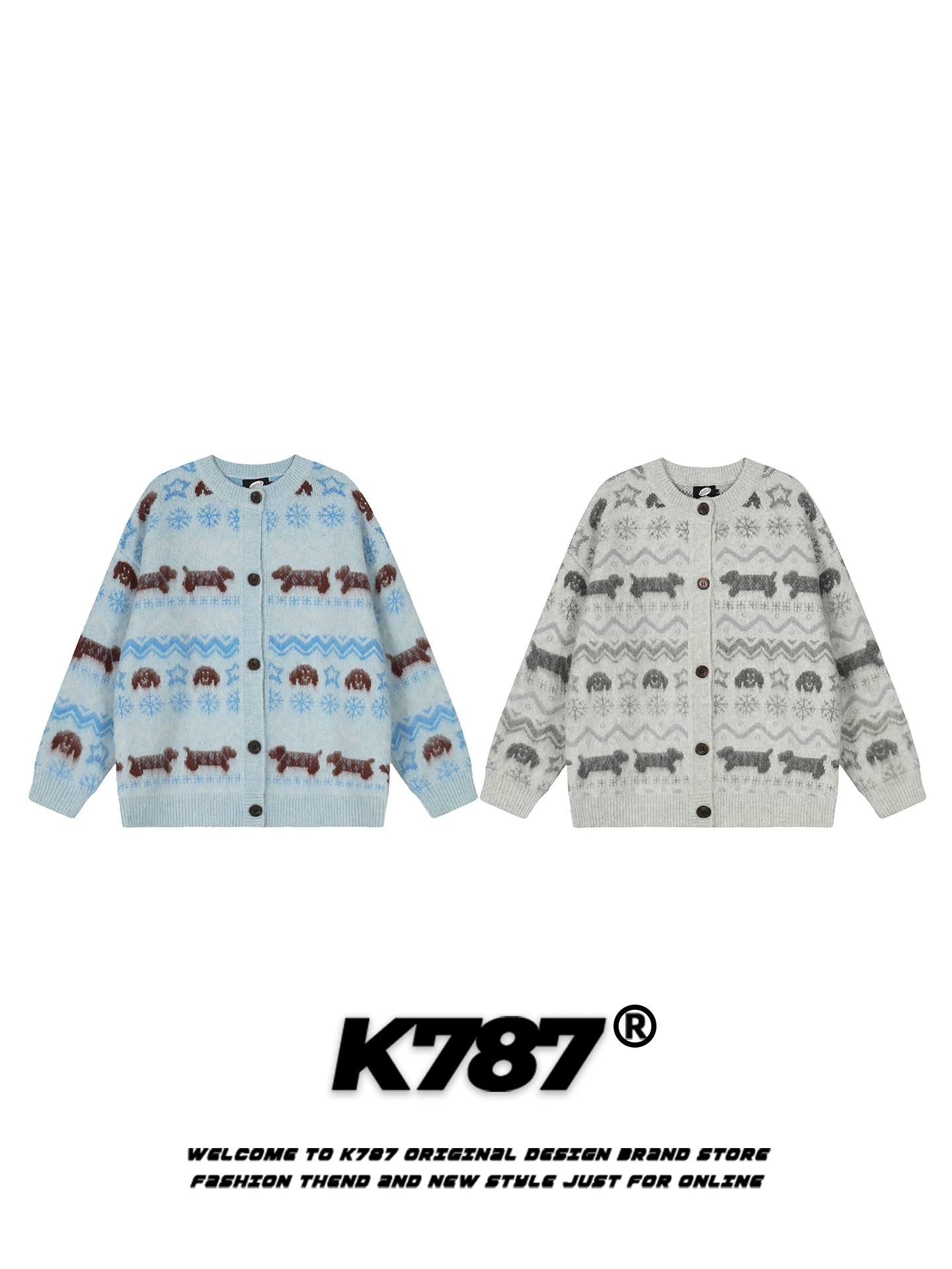 Áo len cardigan kiểu đường phố Mỹ K787 họa tiết Fair Isle vui nhộn dành cho nam và nữ, phong cách lười biếng, dáng rộng, chất liệu len giảm tuổi tác cho mùa đông.