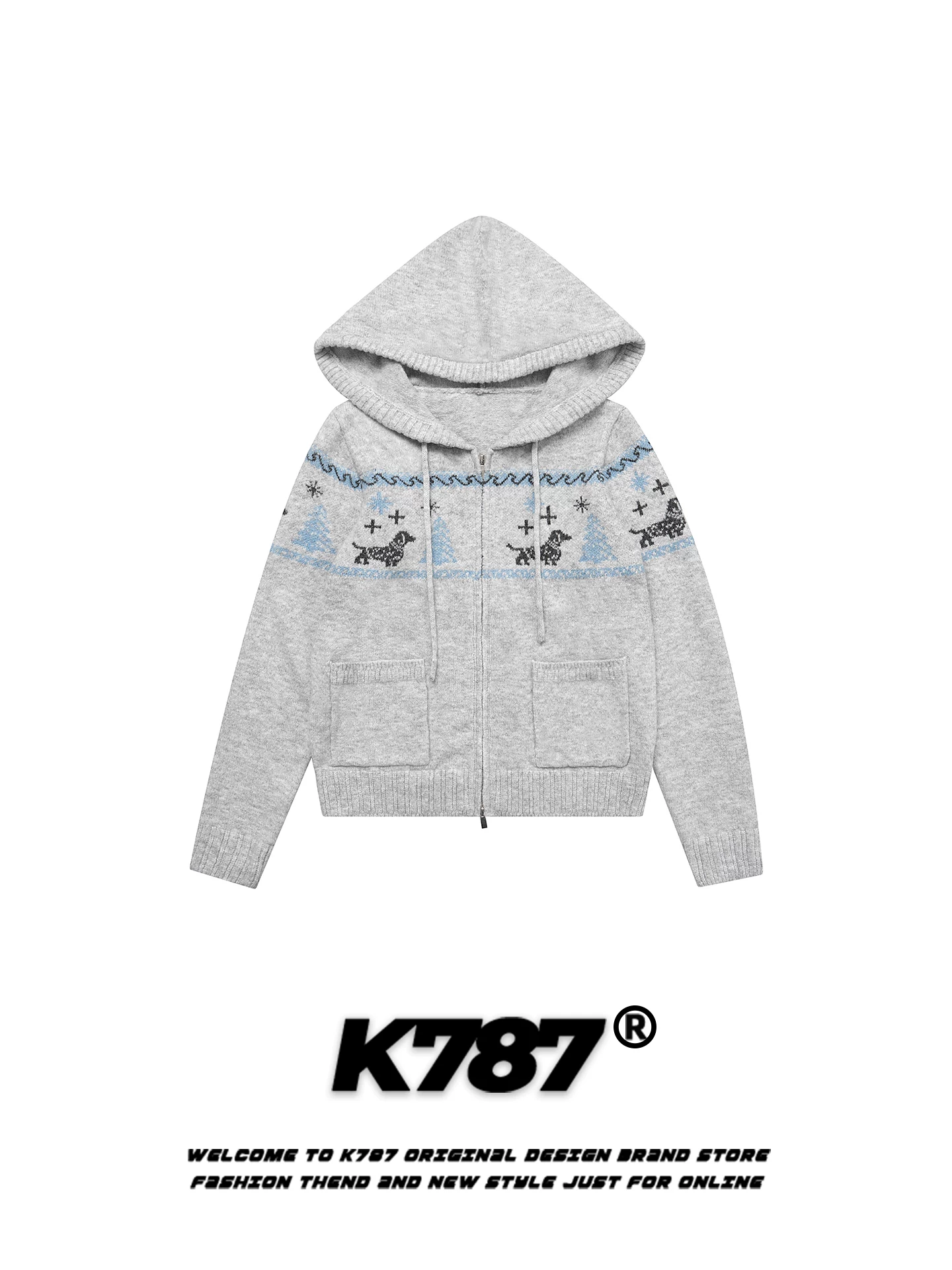 Áo khoác cardigan len thêu hình chó con phong cách retro Mỹ K787 dành cho nữ, kiểu dáng rộng rãi, thoải mái, chất liệu len đan, có khóa kéo, kiểu áo ngắn.