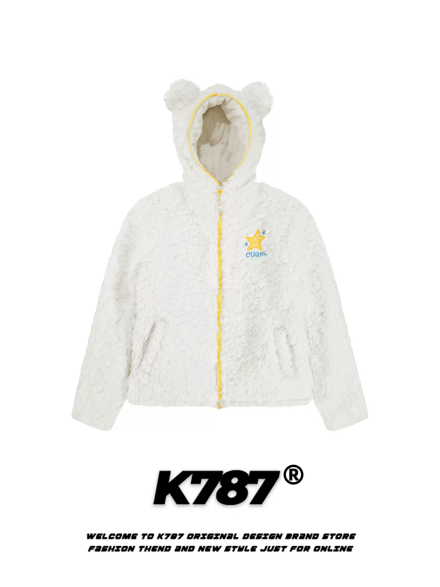Áo khoác cotton tai gấu phong cách đường phố Mỹ K787 dành cho nữ, chất liệu len cừu, áo khoác cotton có mũ giữ ấm mùa đông 2025.