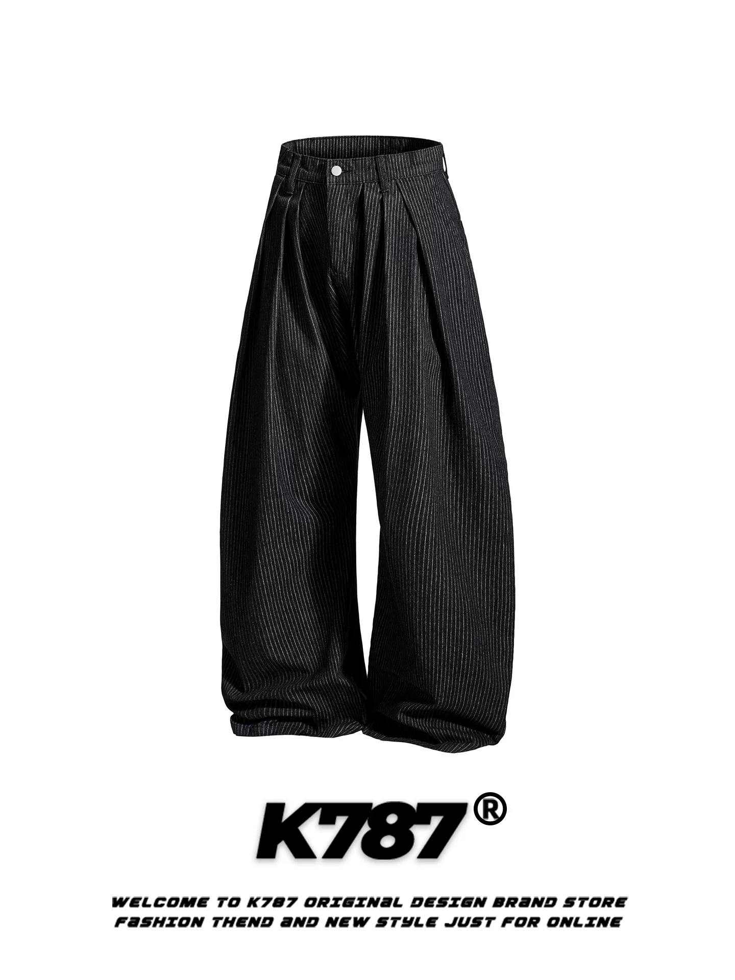 Quần ống rộng xếp ly phong cách đường phố đa năng, cạp cao, kiểu dáng unisex, họa tiết sọc retro Mỹ K787