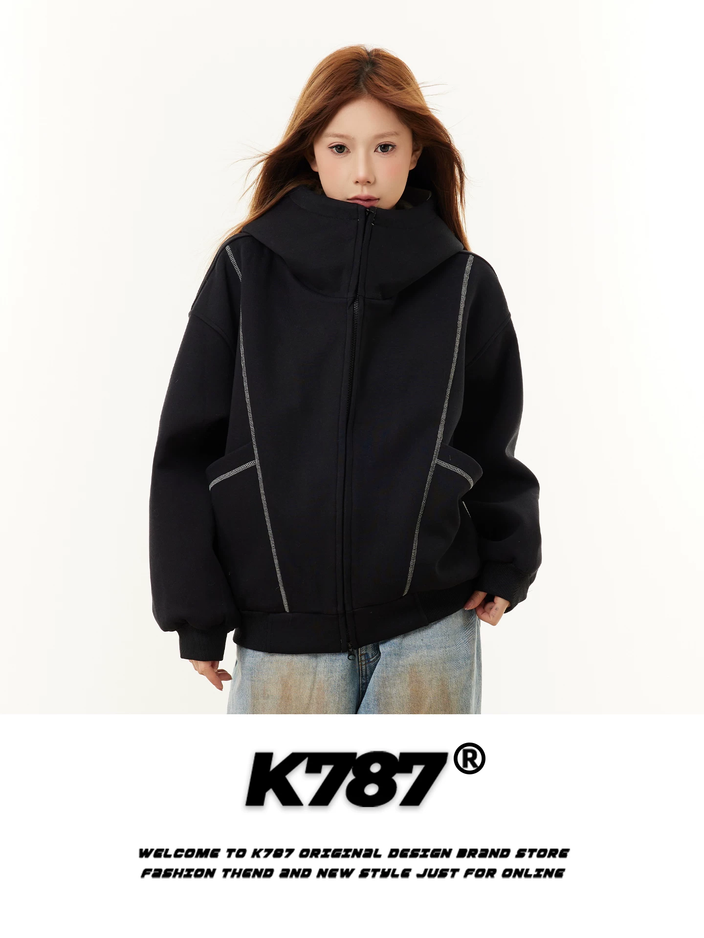 Áo hoodie thêu chữ phong cách đường phố Mỹ K787 dành cho nam và nữ, dáng rộng, đường may lộ, áo khoác cặp đôi ngoại cỡ, hợp thời trang.