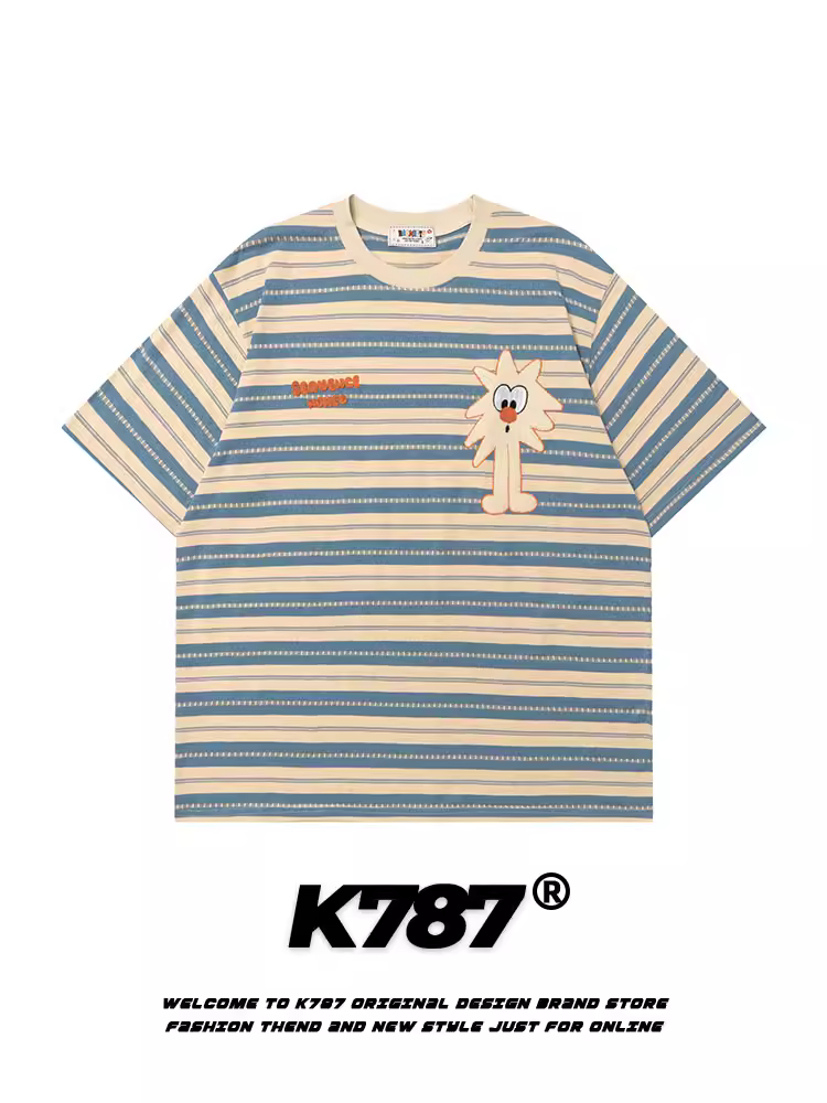 Áo thun ngắn tay sọc vui nhộn kiểu Mỹ K787 dành cho nam và nữ, thêu họa tiết hoạt hình, áo cặp đôi phong cách đại học cho mùa hè
