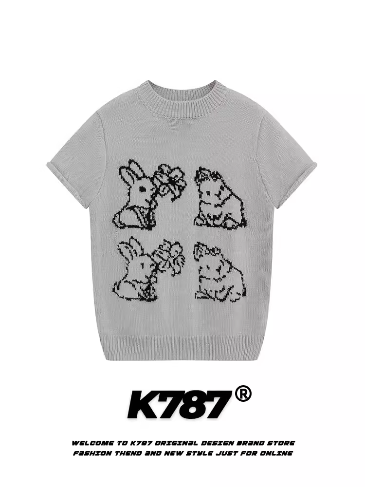 Áo thun nữ ngắn tay màu xám dệt kim kiểu dáng năng động, thoải mái, phong cách thỏ dễ thương K787
