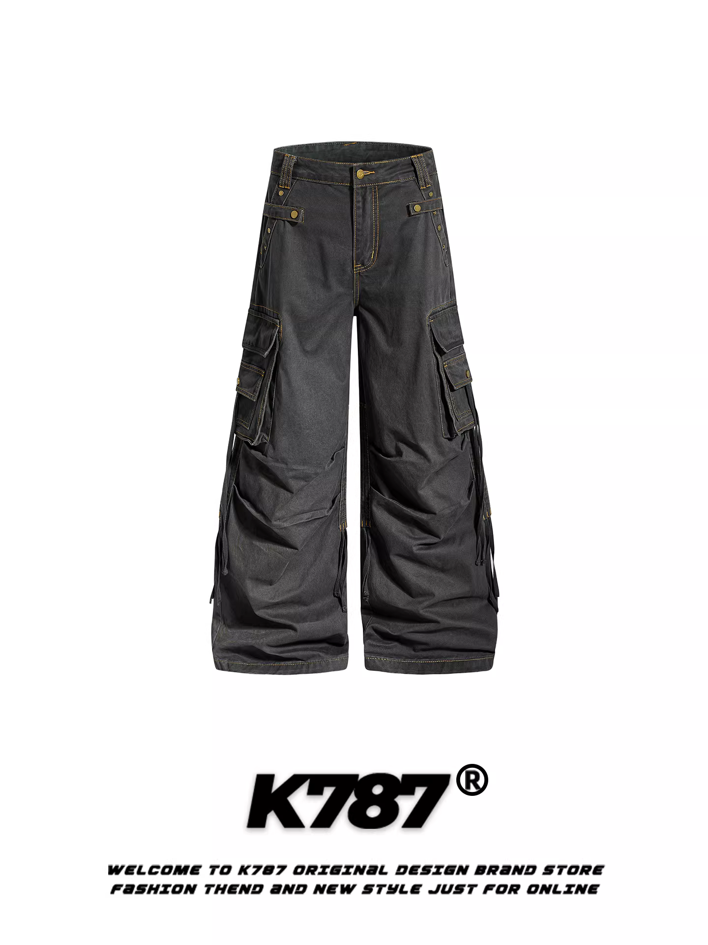 Quần cargo nhiều túi kiểu Mỹ cổ điển K787, unisex, thời trang đường phố, phong cách thoải mái, dáng rộng, dài chấm đất.