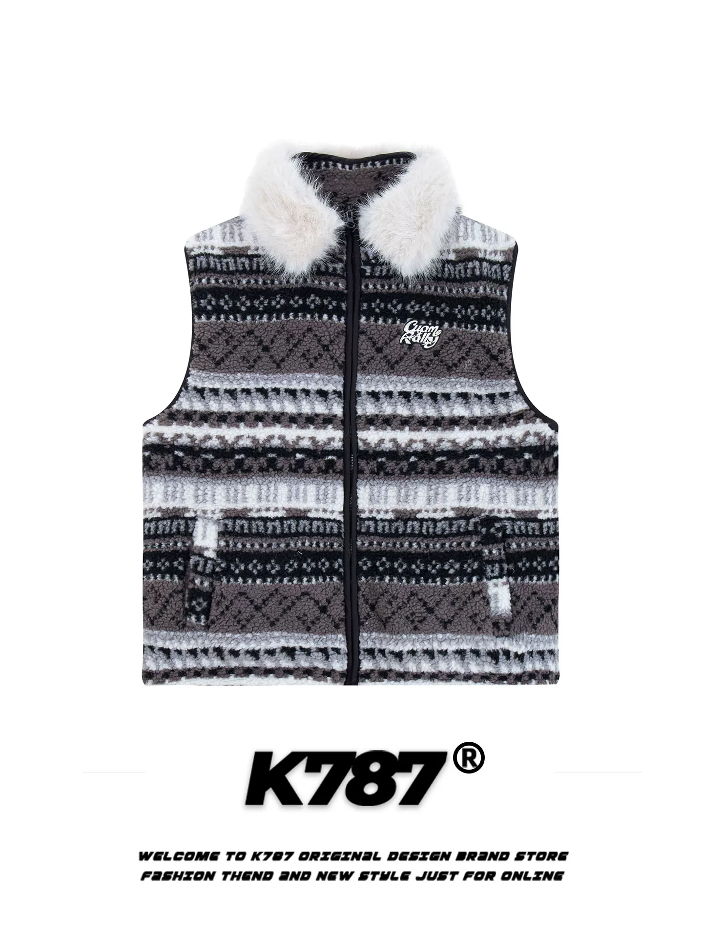 Áo gile nữ kiểu đường phố Mỹ K787, cổ lông tháo rời kiểu Fair Isle, áo khoác nhiều lớp, chất liệu len cừu giữ ấm mùa đông