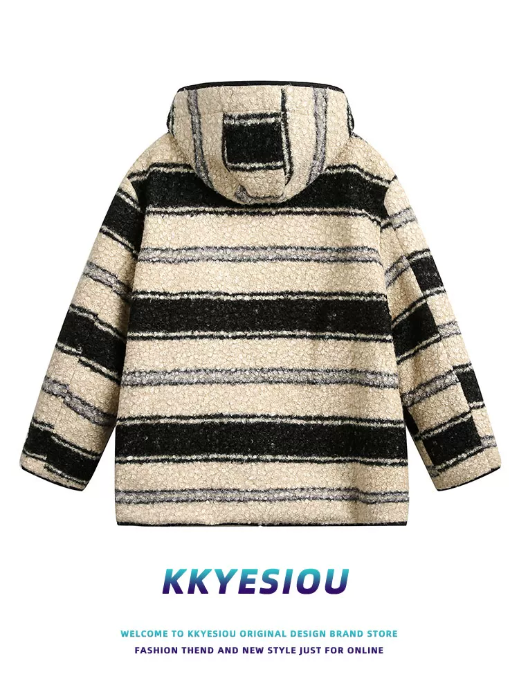 Áo khoác cotton dày có mũ trùm đầu kiểu Mỹ cổ điển sọc kẻ của KKyesiou dành cho nam và nữ, phong cách Chanel mùa đông 2024, áo khoác lót bông