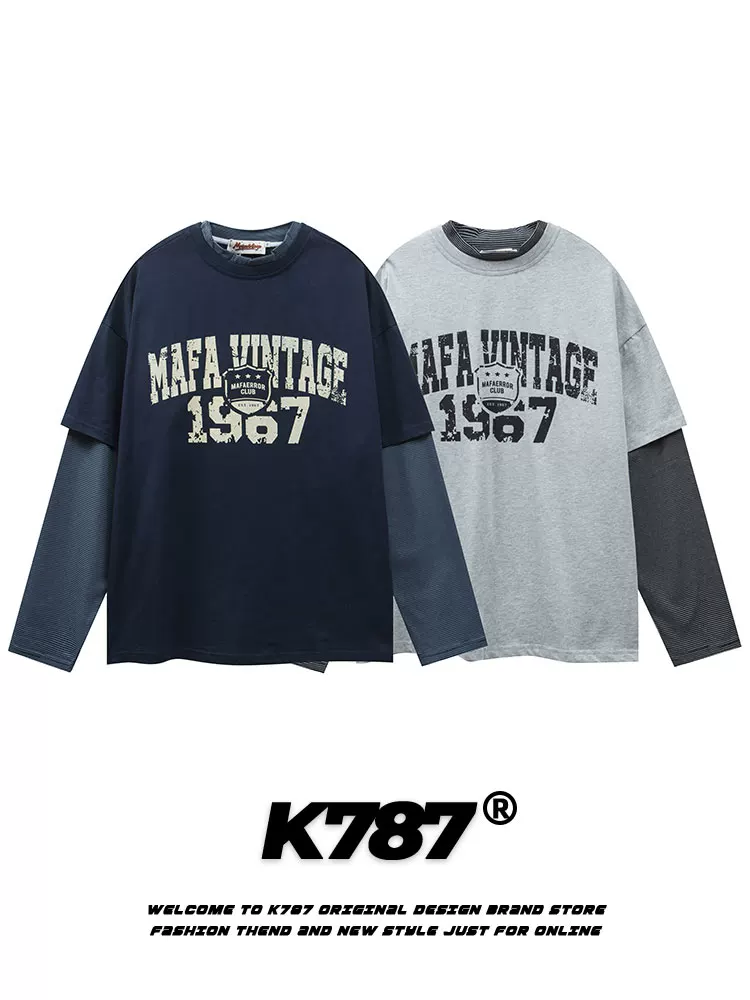K787 Áo thun dài tay giả hai mảnh cổ điển kiểu Mỹ đã qua giặt cổ điển unisex áo nỉ ngoại cỡ ins áo đôi