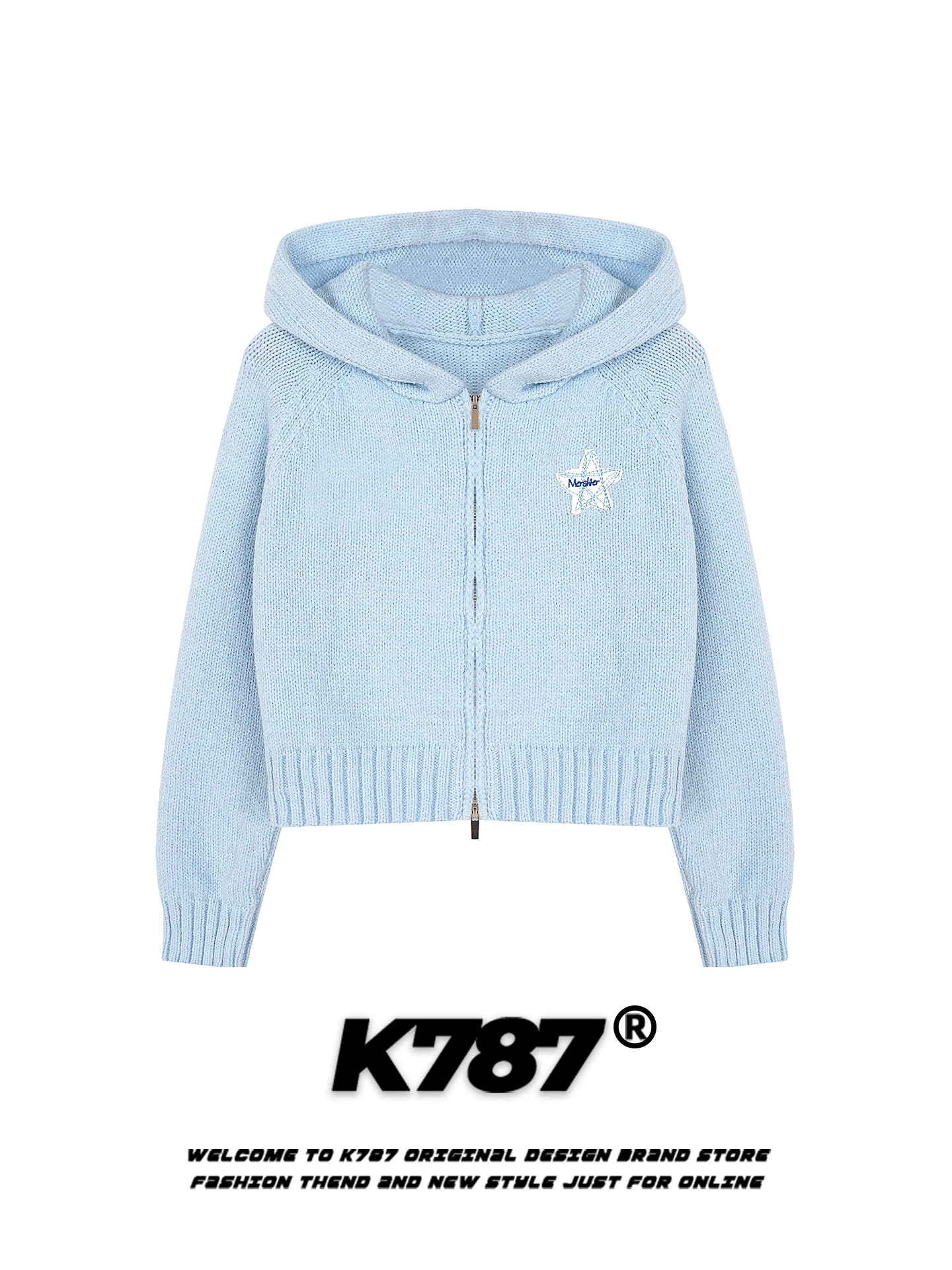 K787 Áo len dệt kim ngắn thêu hình ngôi sao cổ điển Mỹ ngọt ngào dành cho nữ phong cách dịu dàng áo len có khóa kéo sang trọng