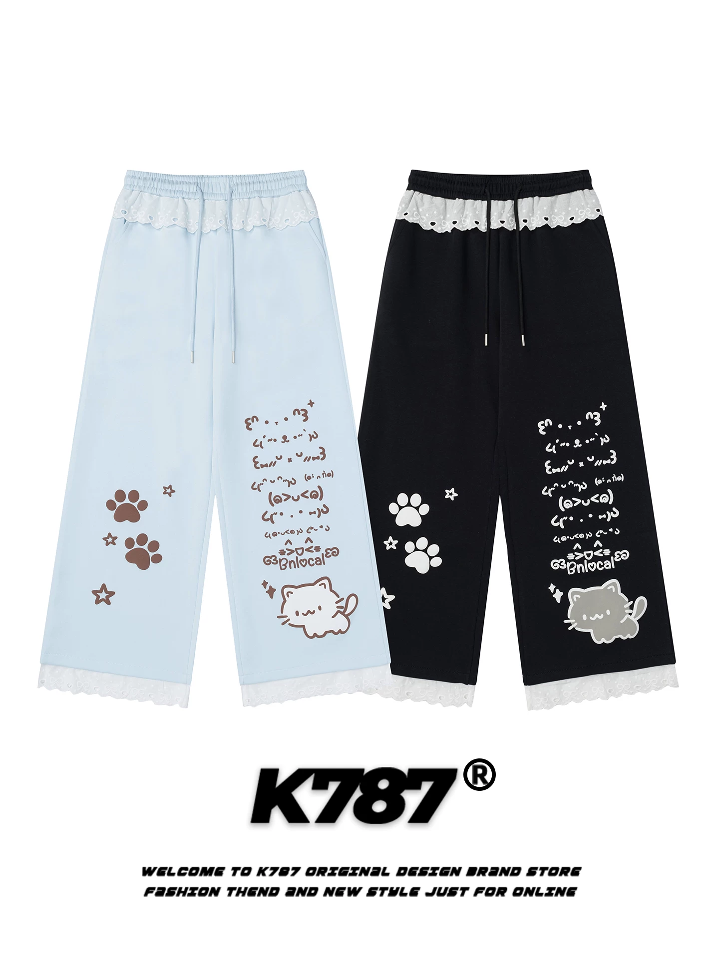 K787 Quần kiểu Nhật dễ thương hình mèo hoạt hình phối ren quần âu unisex lưng cao đa năng dáng rộng phối màu quần ống thẳng