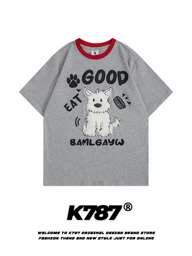 K787 Áo thun ngắn tay thêu hình chú chó vui nhộn theo phong cách retro Mỹ unisex phong cách đại học đa năng mùa hè 2025 cặp đôi nửa tay áo