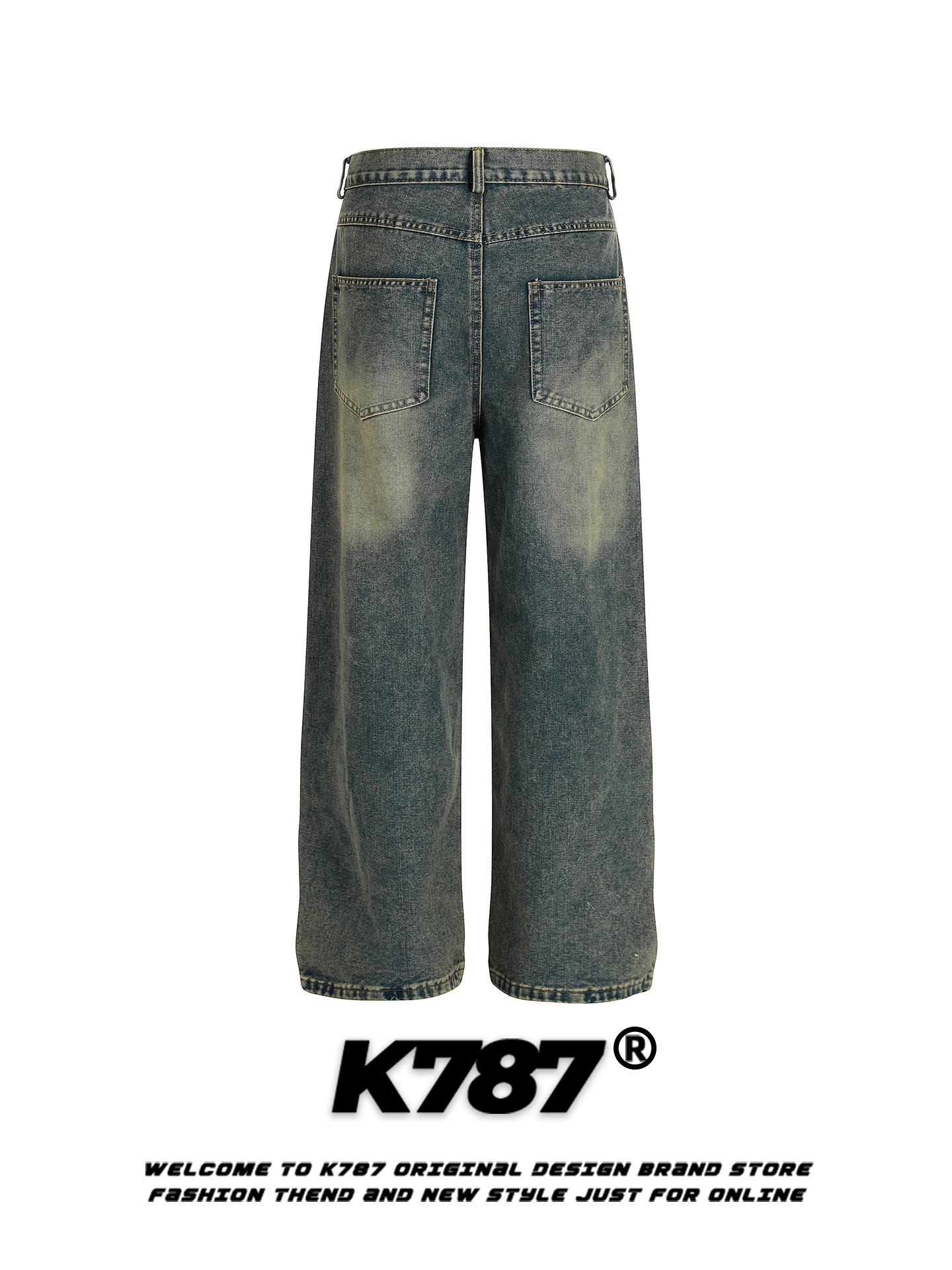 Quần jeans unisex cạp cao, dáng thẳng, chất liệu washed vintage, phong cách đường phố Mỹ, thêu hình hoạt hình chó, thương hiệu thời thượng K787.