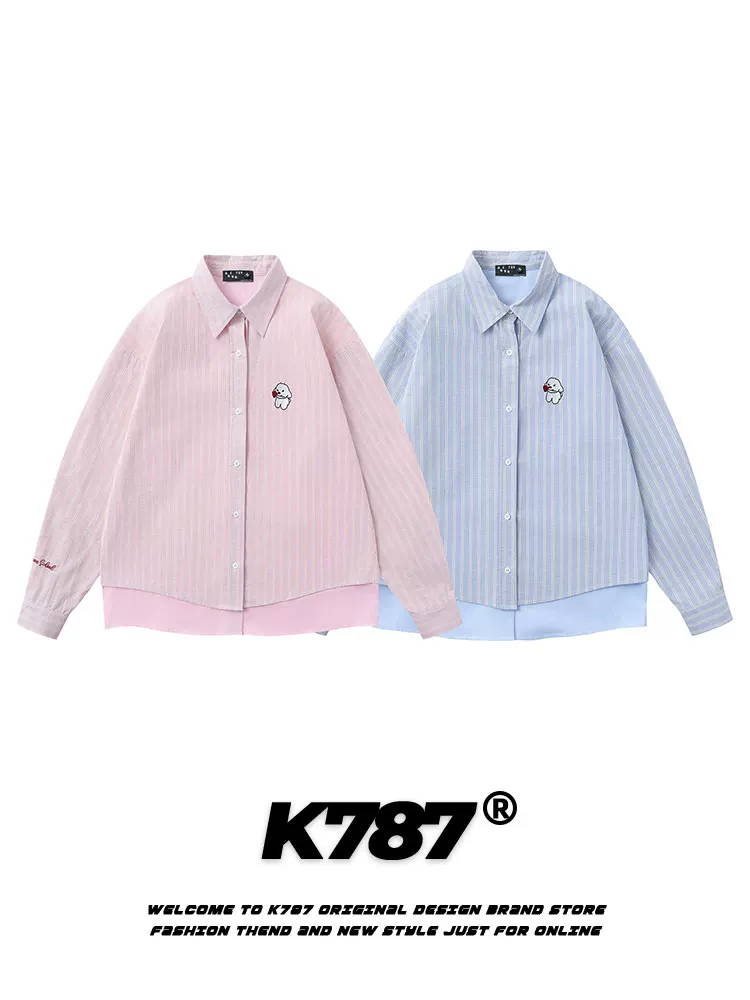 Áo khoác mỏng kiểu dáng unisex K787 phong cách retro Mỹ, phối màu hồng, họa tiết sọc giả hai lớp, tay dài, mùa xuân 2025
