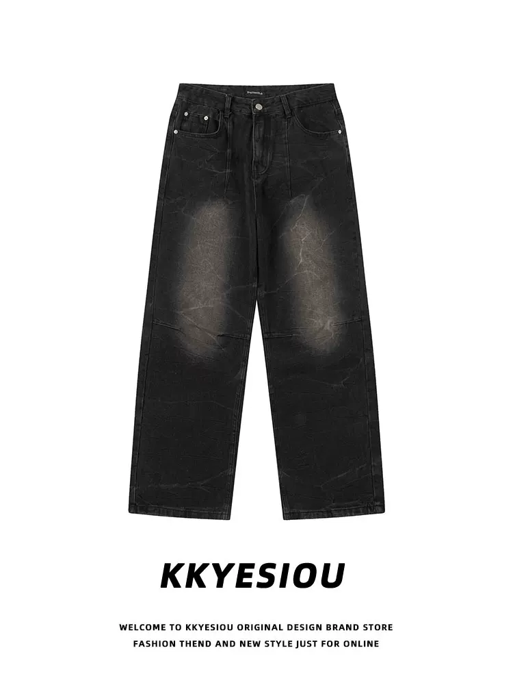 Quần jeans denim kiểu Mỹ cổ điển, đã qua xử lý làm mềm, dành cho nam và nữ, dáng rộng, xu hướng thời trang, cạp cao, ống thẳng.