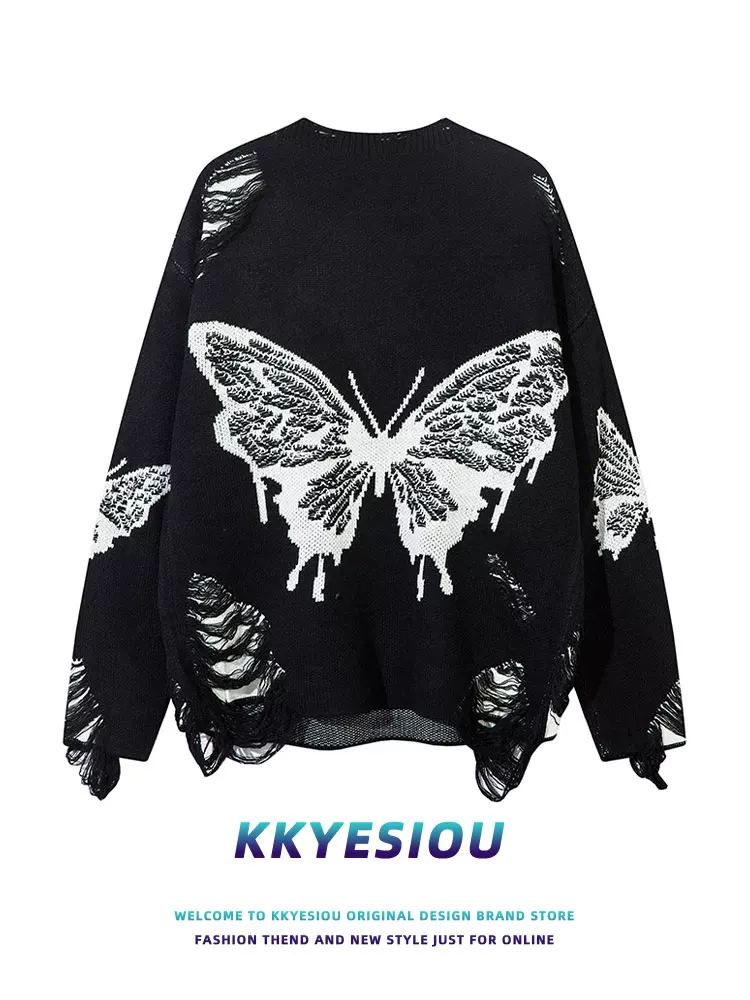 Áo len dệt kim vintage kiểu dáng rộng rãi, họa tiết bướm tua rua, chất liệu jacquard, unisex, dành cho cặp đôi, thương hiệu KKyesiou.
