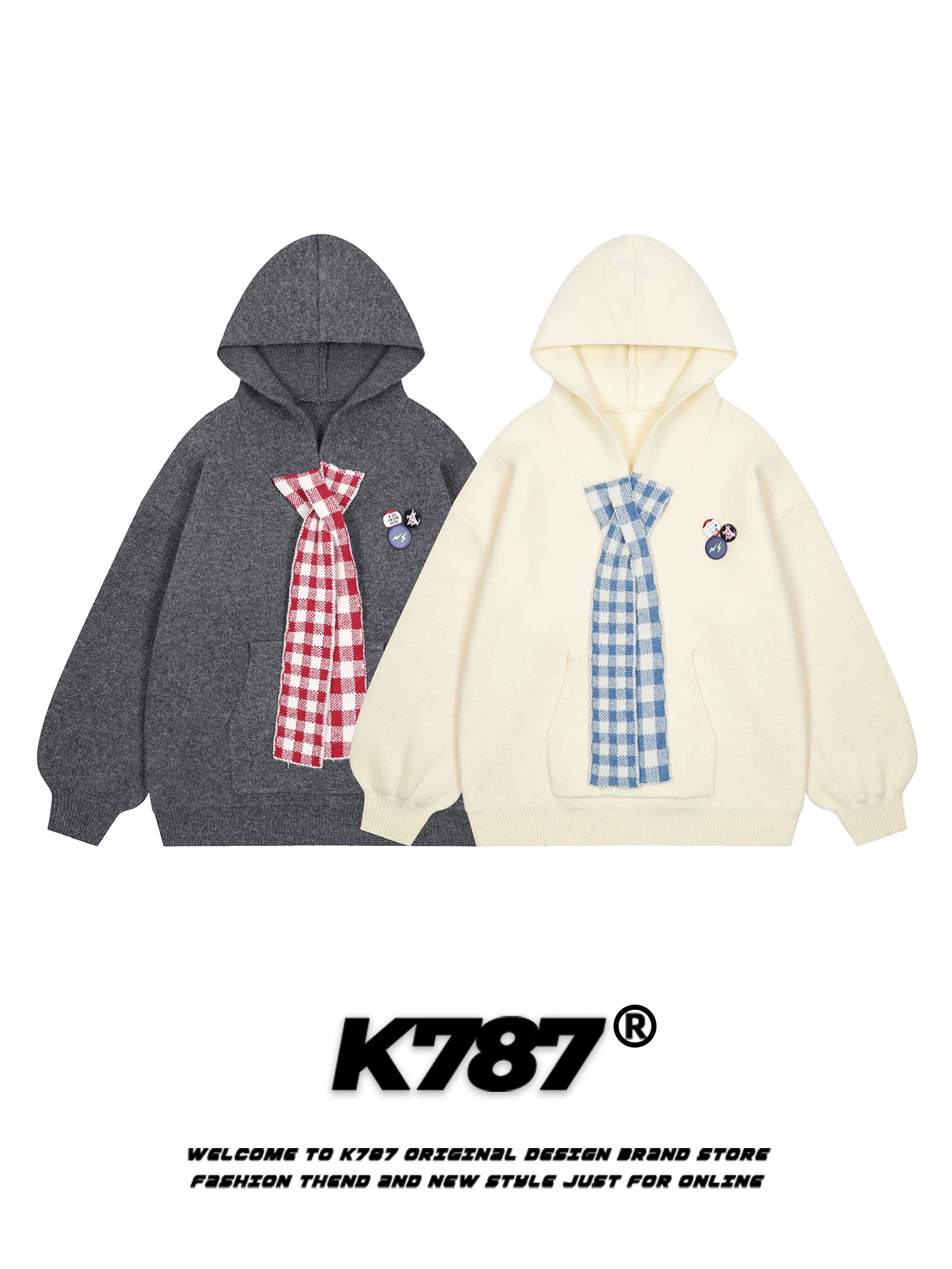 Áo khoác hoodie nữ kiểu Mỹ K787, chất liệu vải ca rô phối màu, dáng rộng, phong cách học sinh, thích hợp cho mùa thu đông.