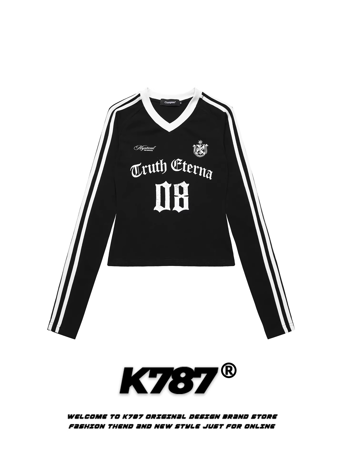 Áo thun nữ tay dài in họa tiết sọc phong cách đường phố Mỹ K787, ôm dáng, kiểu áo thể thao ngắn