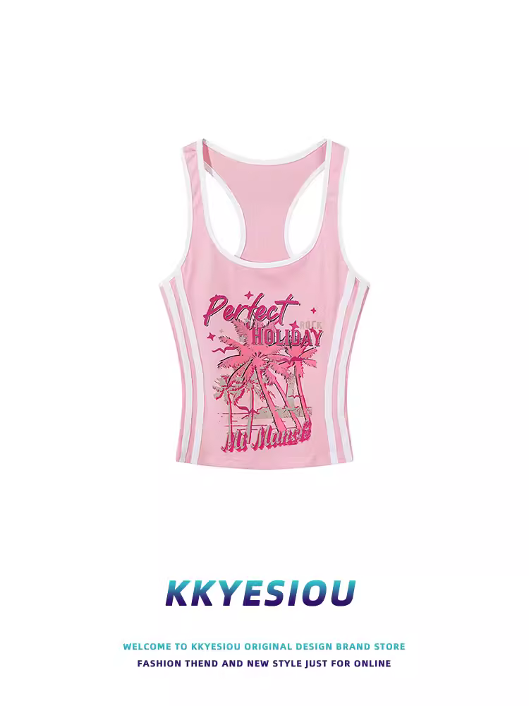 Áo ba lỗ ngắn kiểu racerback màu hồng Hawaii của KKyesiou, áo thun nữ cao cấp, không tay, sọc, kiểu dáng ôm sát.