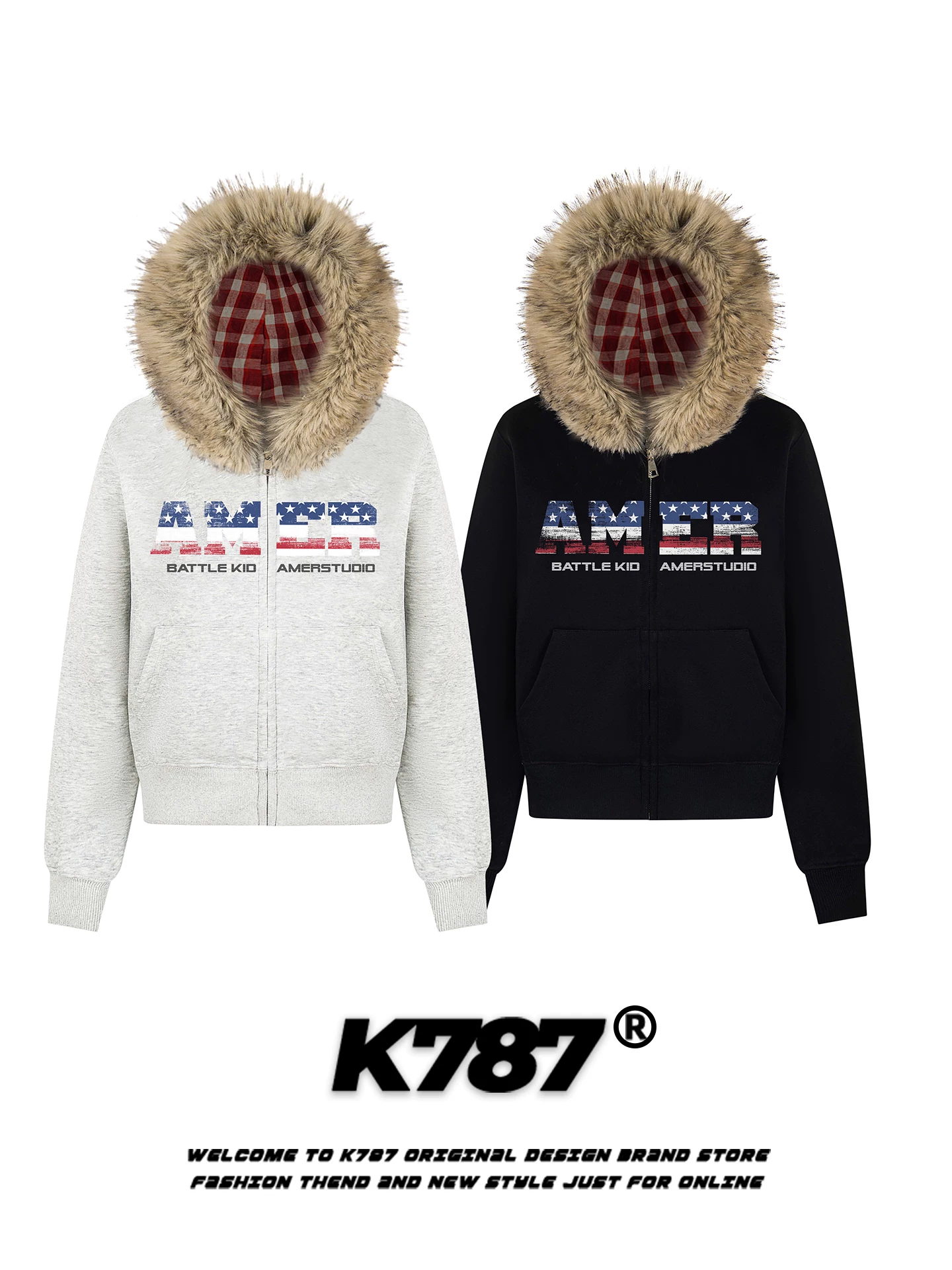 Áo khoác hoodie có mũ trùm đầu, cổ lông, in chữ kiểu retro Mỹ K787 dành cho nữ, phong cách hot girl, áo khoác ngắn có khóa kéo, lót lông cừu, thích hợp cho mùa đông.