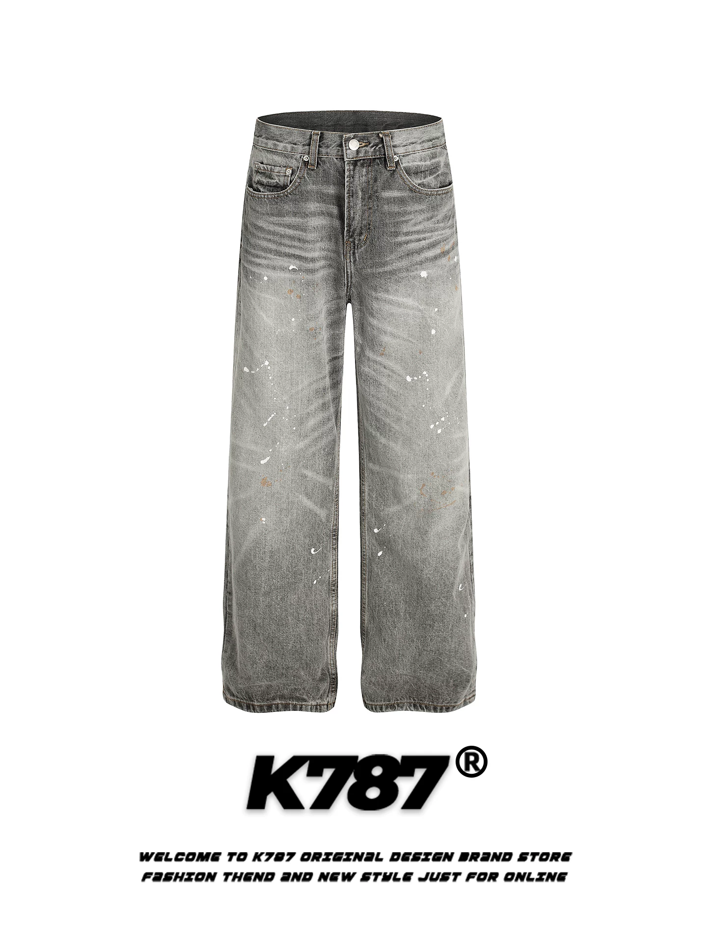 Quần jeans K787 kiểu Mỹ cổ điển, màu trắng phai, dành cho nam và nữ, dáng rộng, thời trang đường phố, cạp cao, kiểu dáng xu hướng, quần ống rộng, ống thẳng, phong cách thường ngày