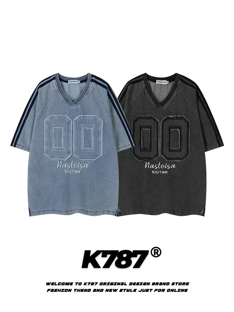 Áo thun tay ngắn kiểu vintage thêu họa tiết retro Mỹ K787 dành cho nam và nữ, kiểu dáng rộng thùng thình, áo đôi