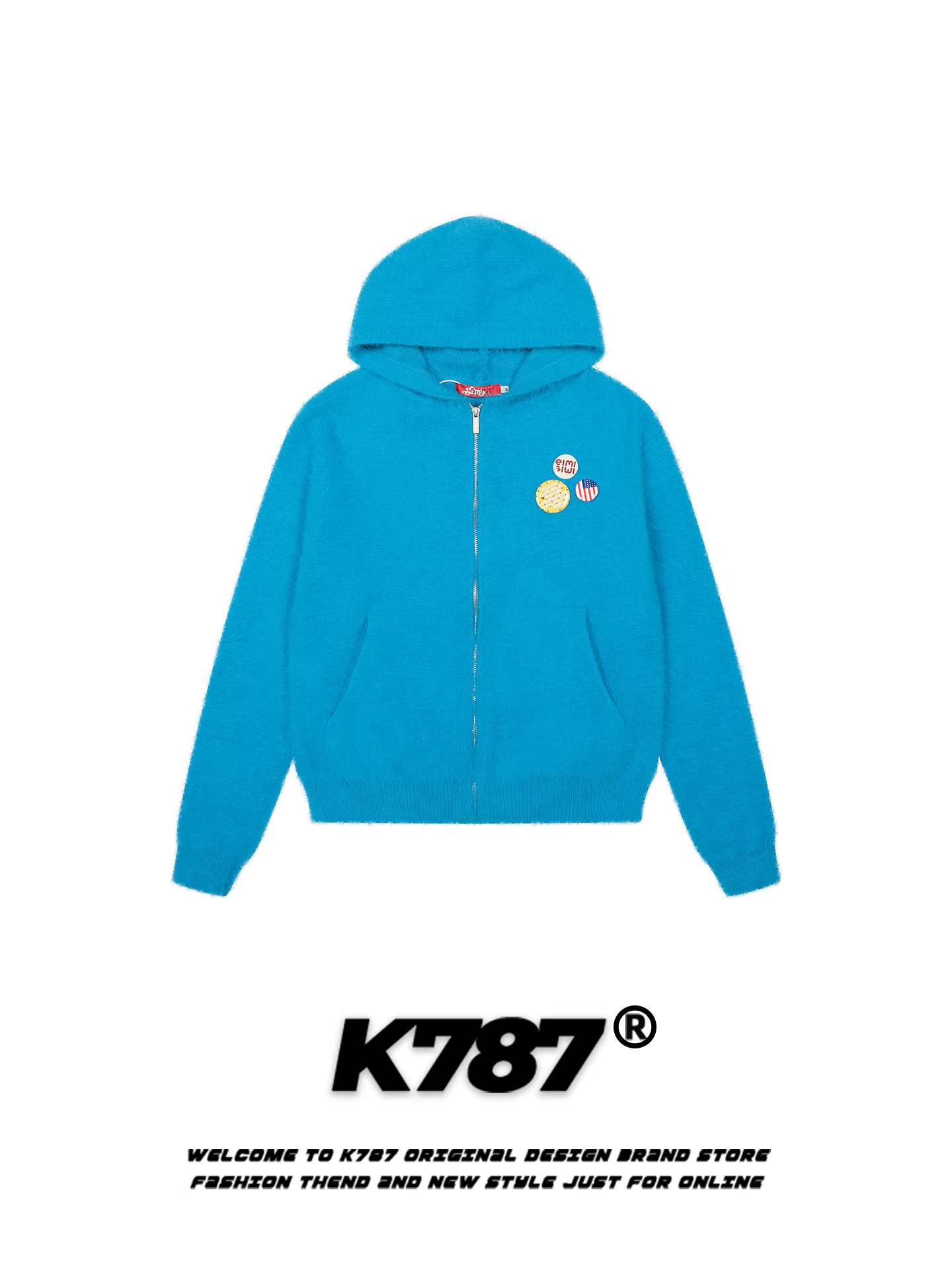 Áo len dệt kim kiểu dáng lười biếng màu xanh lam cổ điển kiểu Mỹ K787 dành cho nữ, áo len ngắn nhẹ nhàng, rộng rãi và đa năng