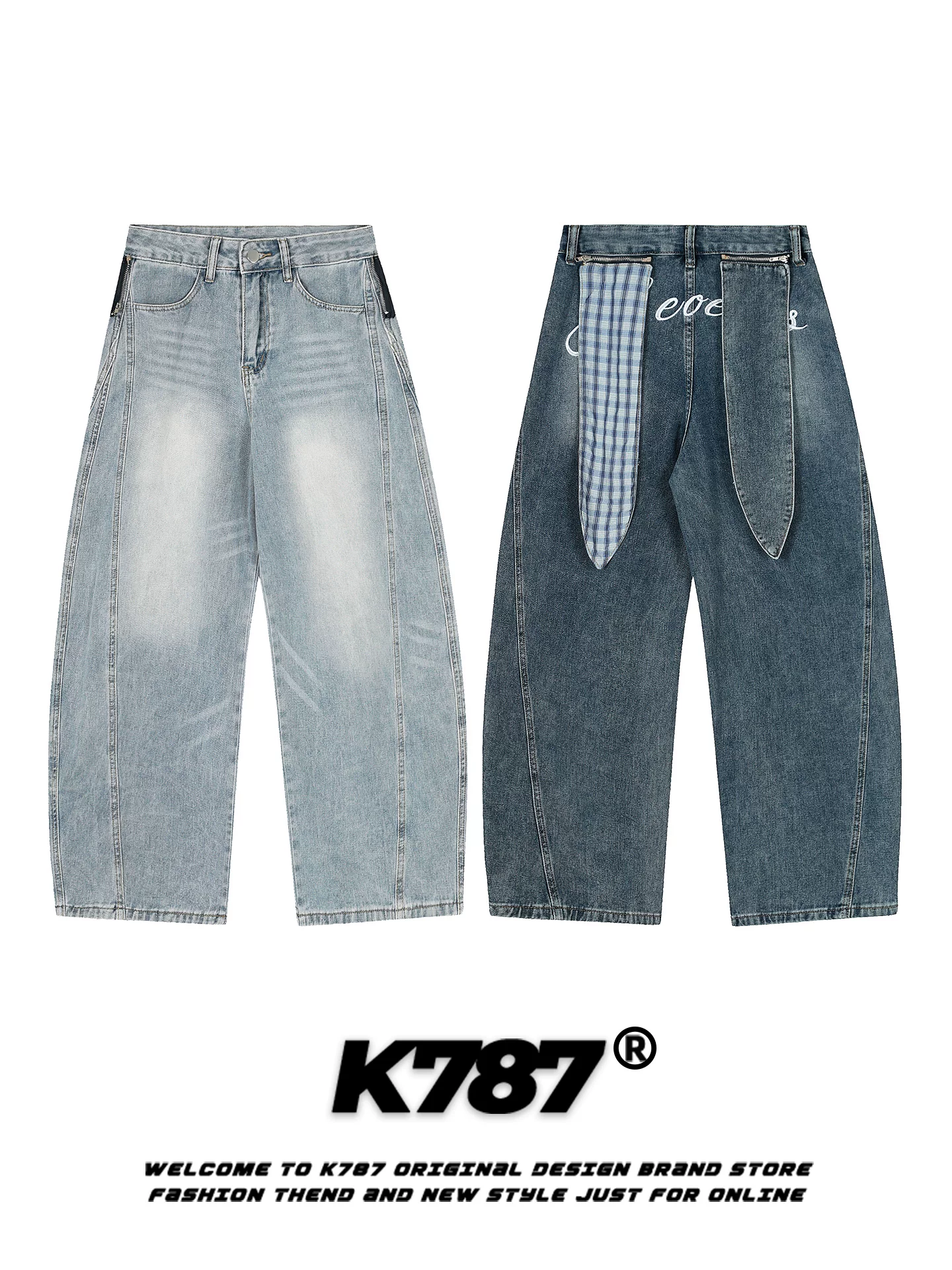 Quần jeans unisex K787 kiểu Mỹ cổ điển thêu chữ, phối vải caro, phối vải vá, cạp cao, ống rộng, đã qua xử lý làm mềm