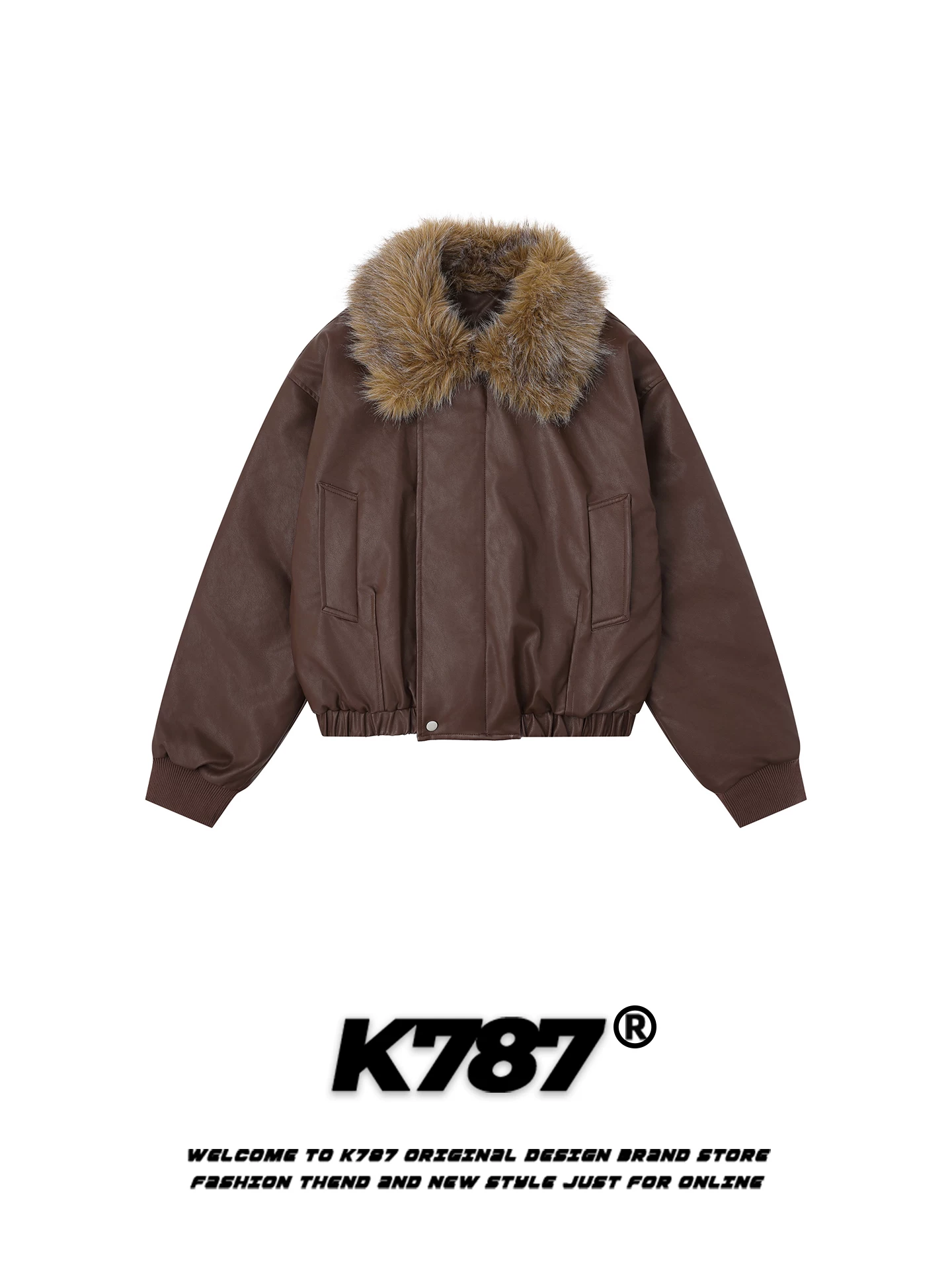 Áo khoác cotton kiểu Mỹ cổ điển K787, cổ lông lớn, kiểu dáng nhà kho, dành cho nam và nữ, xu hướng quốc dân, chất liệu da PU rộng rãi, ấm áp, dày dặn.