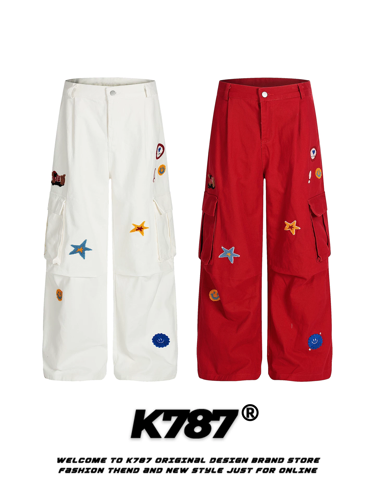 K787 Thương hiệu thời trang đường phố Mỹ quần jean thêu hình ngôi sao unisex lưng cao màu trắng dáng rộng đa năng quần ống đứng thông thường