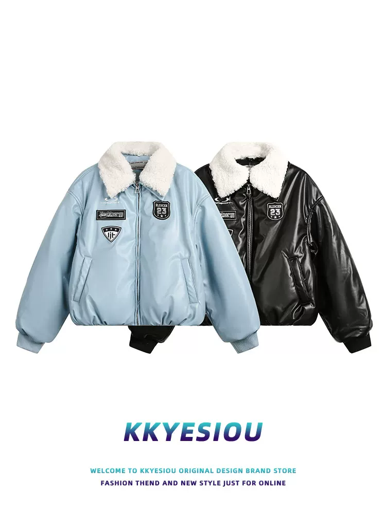 K787 Phong cách retro của Mỹ thương hiệu áo khoác ngắn cổ lông thêu unisex áo khoác da cotton đường phố cao cấp mát mẻ